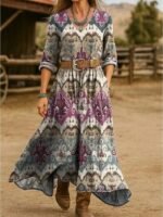 Beach Regular Fit Floral Graphic Paisley Long Sleeve V Neck Dress Light Purple