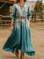 Beach Regular Fit Floral Graphic Paisley Long Sleeve V Neck Dress Green