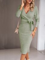 Sweater Dress Wrap Dress Casual Regular Fit Plain Long Sleeve V Neck Green