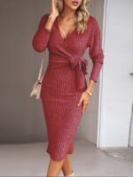 Sweater Dress Wrap Dress Casual Casual Regular Fit Plain Long Sleeve V Neck Red Fall Winter