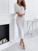 Casual Warm Daily Pure Color Long Sleeve V Neck Sweater Dress White
