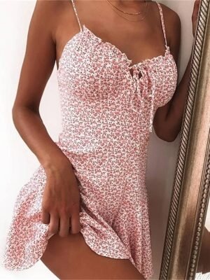 Sundress Floral Dress Mini Dress Sleeveless Floral Lace Strap Hot Vacation Dress Pink